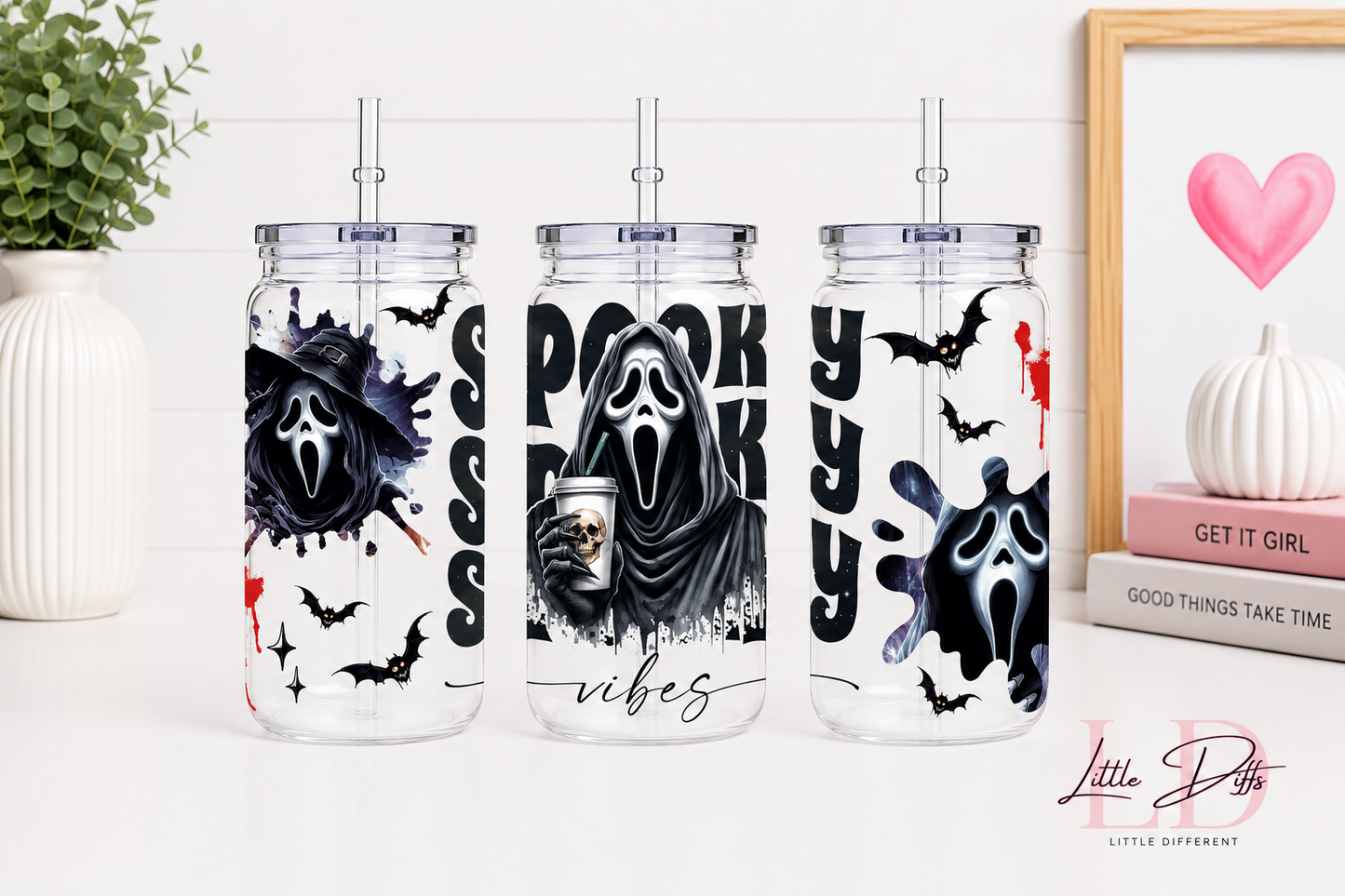 Spooky Ghost Face Inspired UV DTF Libby Can | 16oz Clear Plastic Iced Coffee Cup with Lid & Straw | Halloween Tumbler