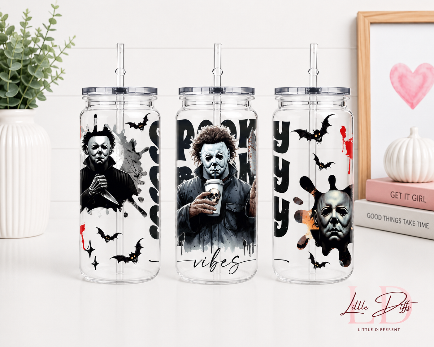 Spooky Horror Michael UV DTF Libby Can | 16oz Clear Plastic Iced Coffee Cup with Lid & Straw | Halloween Tumbler