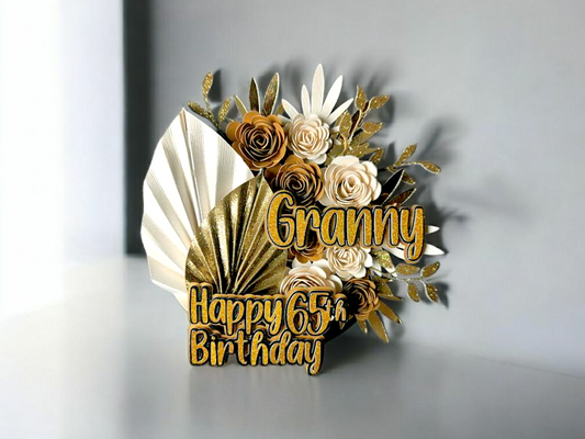 Luxury Floral Cake Topper | Personalised Birthday Cake Decoration | Custom Name Cake Topper | 65th Birthday Cake Charm | Gold Cake Topper